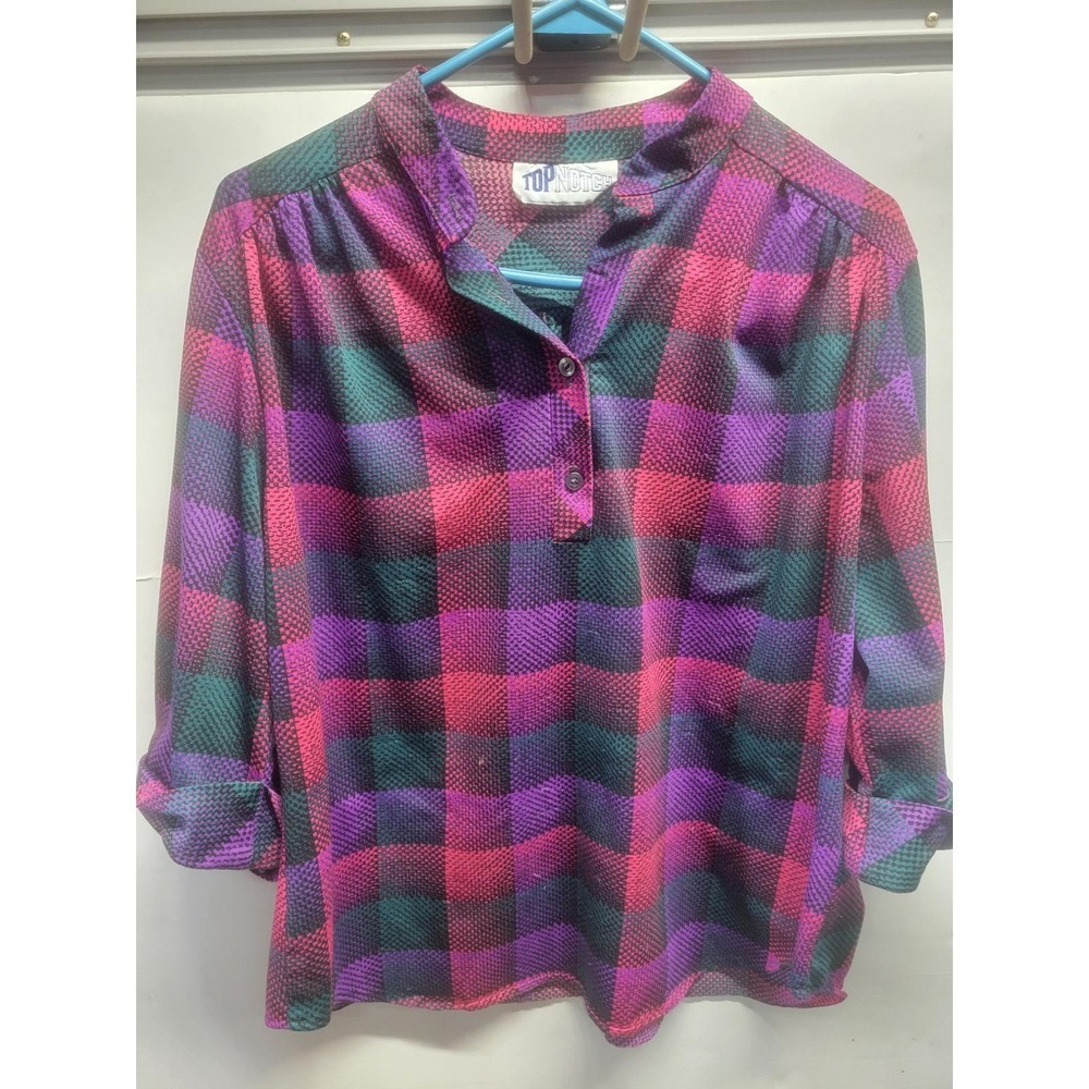 Vintage Top Notch Purple Teal Plaid Henley Blouse 3/4 Roll Tab Sleeve Top L